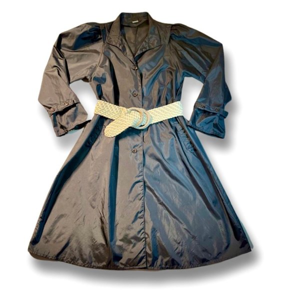 Totes Vintage Dark Navy Blue Light Weight Nylon Button Down Rain/Trench Coat - Picture 3 of 6